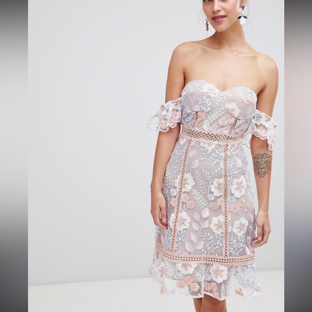 True Decadence Off the Shoulder Embroidered Floral Dress